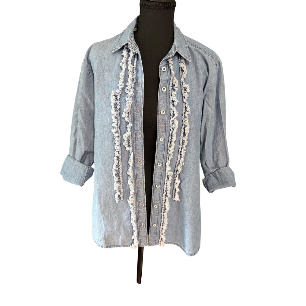 Pilcro Anthropologie Chambray Denim Shirt‎ Womens SP Boho Western Fringe Frayed